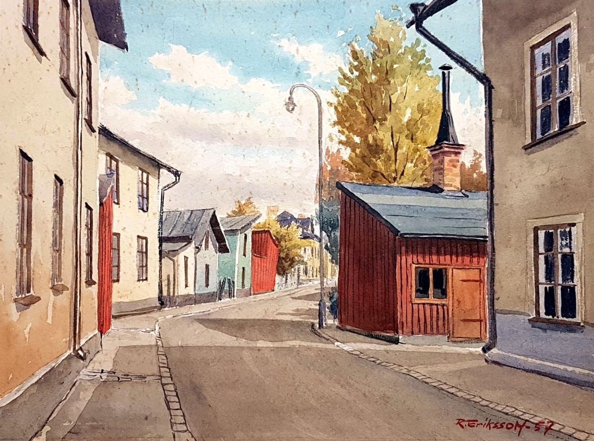 8_Motivet okänt - Akvarell - Kan vara Norrköping. Det är ett original som hängde hos min faster. De är uppväxta i Fredriksdal i Norrköping ... ?