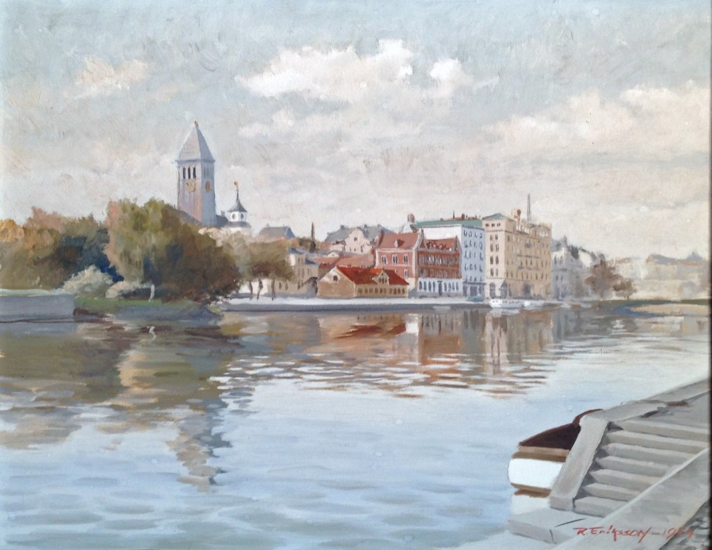 Akvarell - Norrköping 1954 - Strömmen och Rådhuset