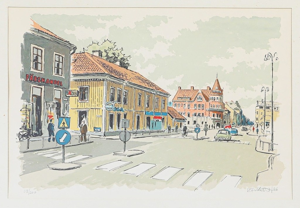 Eskilstuna - 1966 - Kungsgatan åt nordväst, med Skandiahuset bortanför bron. Auctionet November 2025.