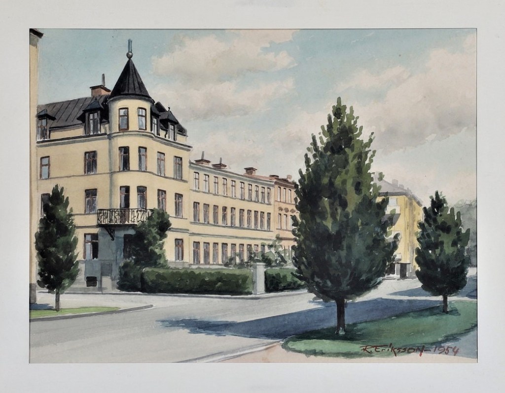 Norrköping - Akvarell - 1954 - Hörnet Petter Swartzgatan och Trozelligatan_auctionet 2021-05-15