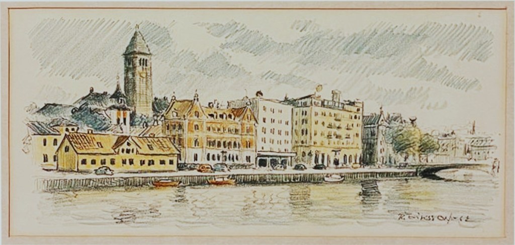 Norrköping - Litografi 1962 - Bild från Tradera mars 2024_Rådhuset o Grand Hotell