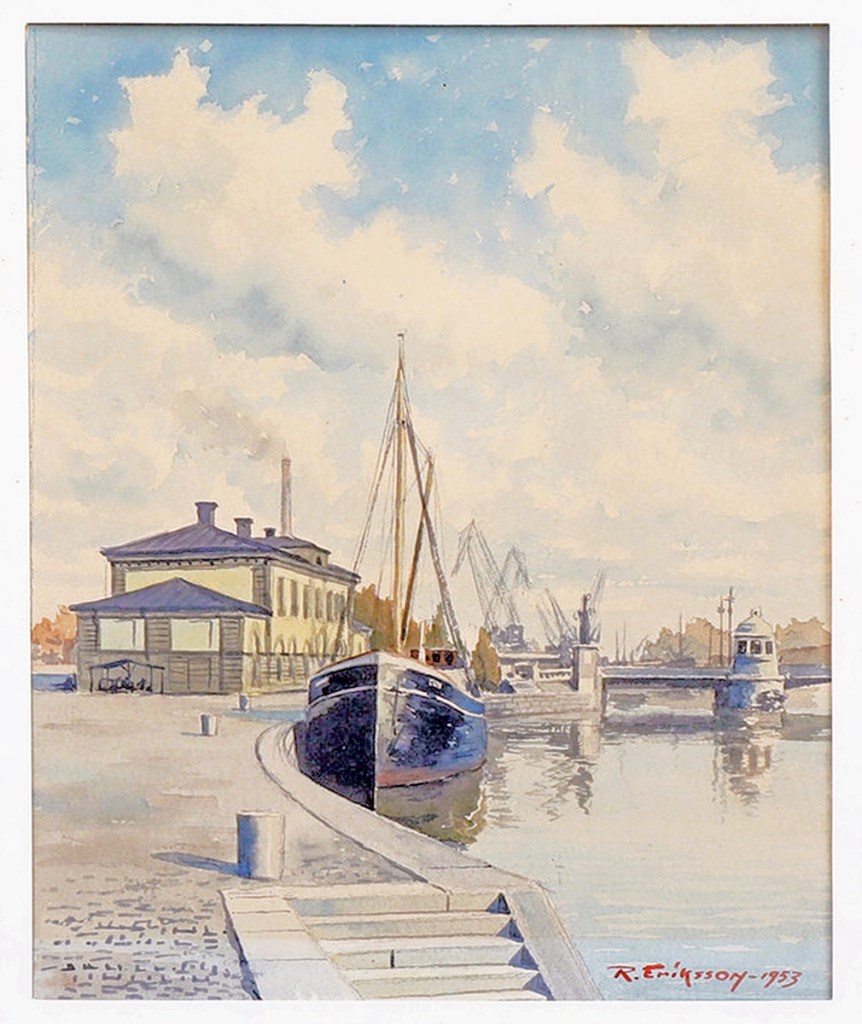 Norrköping - Akvarell - Tulhuset/Hamnbron 1953. Bild från Auctionet feb 2024.