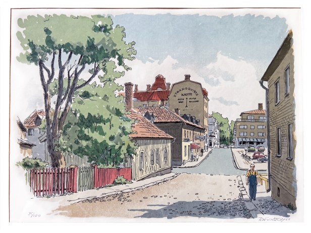 Skövde - Kyrkogatan och Petter Heléns gata_1969 - I bakgrunden Gulin-huset som brann 10 jan 1987.