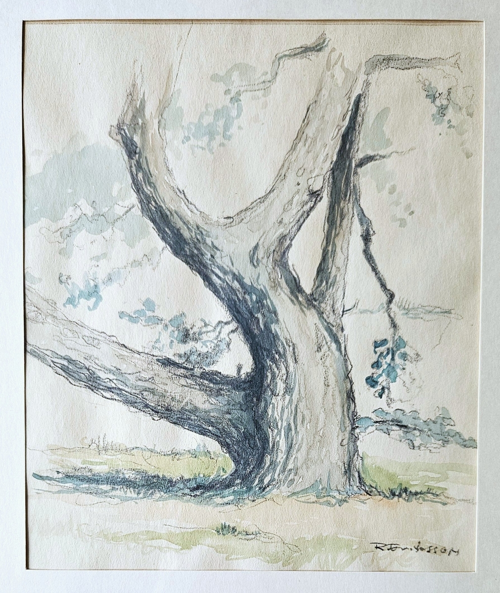 Akvarell - Ett lite annorlunda motiv av ett träd, gissningsvis utförd under 50-60-tal. Bidrag från besökare. Stort tack Conny.