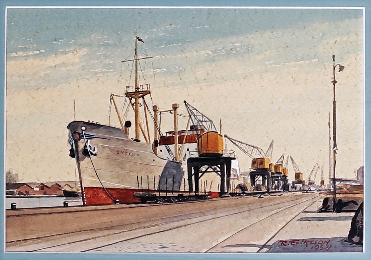 Norrköping - Akvarell - Hamnen. Sycilia, 1954.