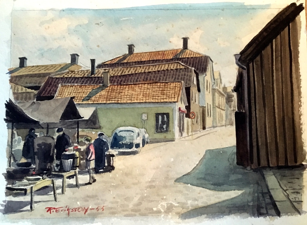 Västervik - 1955. Från saluhallen med utsikten Bredgatan upp mot Spötorget