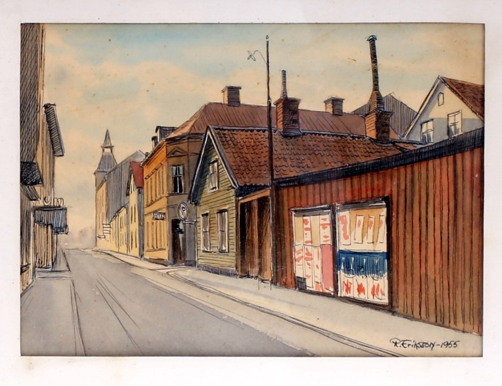 Norrköping - Akvarell - Olai Kyrkogata, 1955 - Bild från Auctionet 2018.