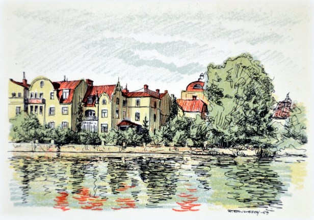 Norrköping (Vykort 1959) - Teaterns tak bakom träden.