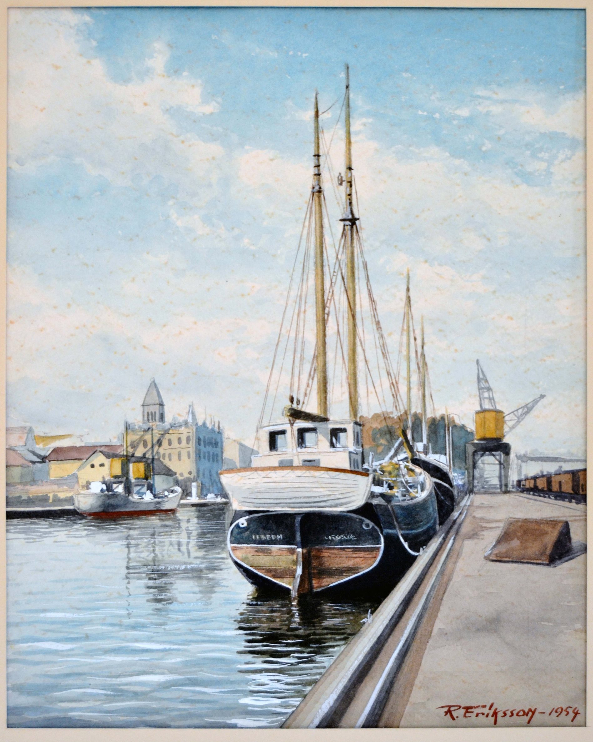 Norrköping - Hamnen 1954. Akvarell. Inropad på nätet av en släkting.