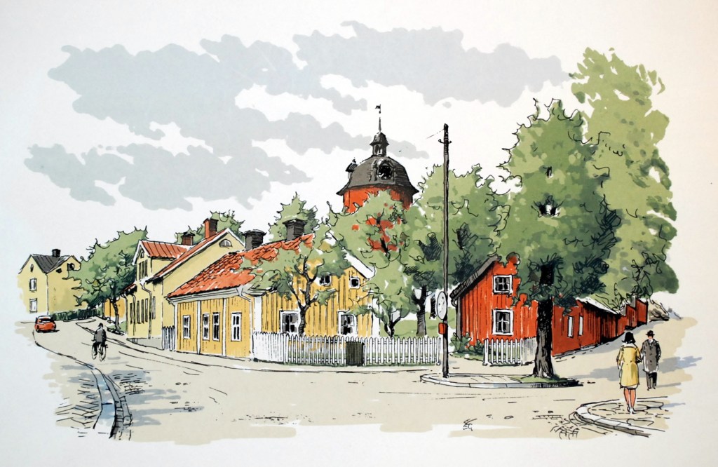 Nyköping - Östra kyrkogatan 1960/-61, åt norr, med Östra klocktornet bakom träden_Tips från besökare (Christer)