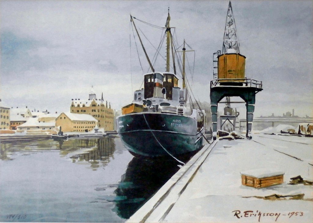 Norrköping - Akvarell - Hamnen, vintern 1953