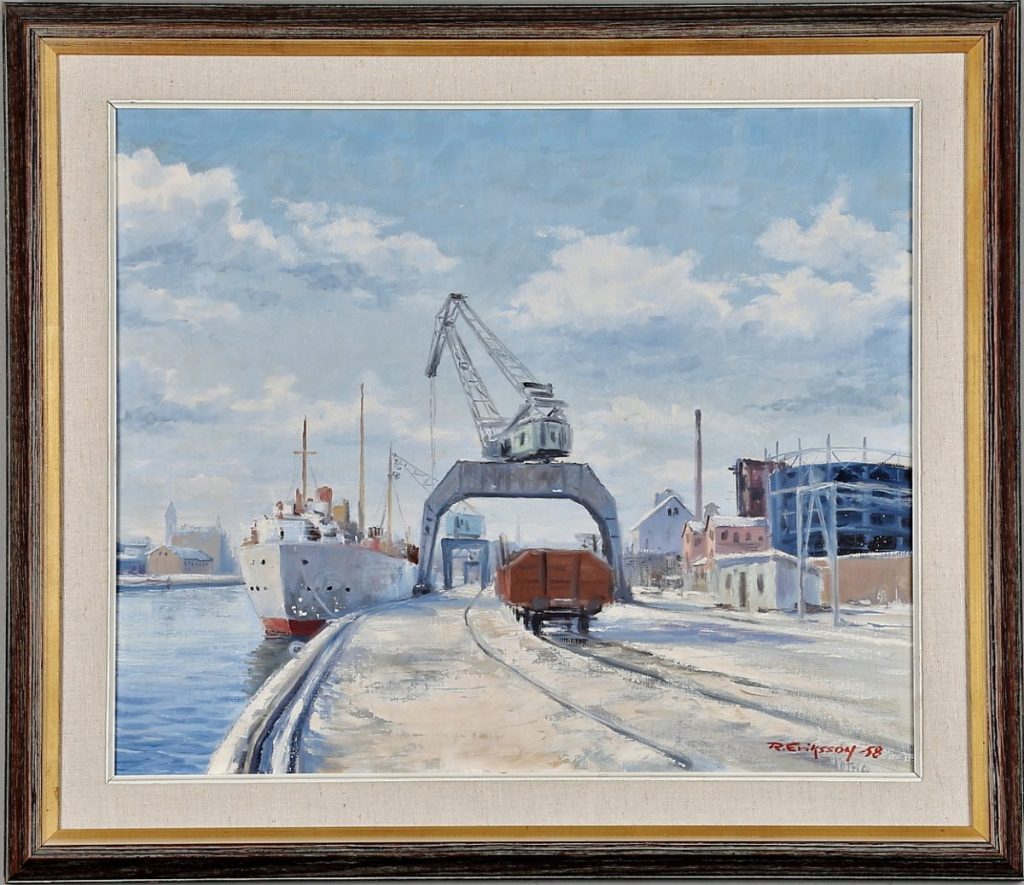 Norrköping - Olja - Hamnen 1958. Bild från Auctionet, efter tips från säljaren. Tack! Jag ropade in den och den är nu i min ägo :)