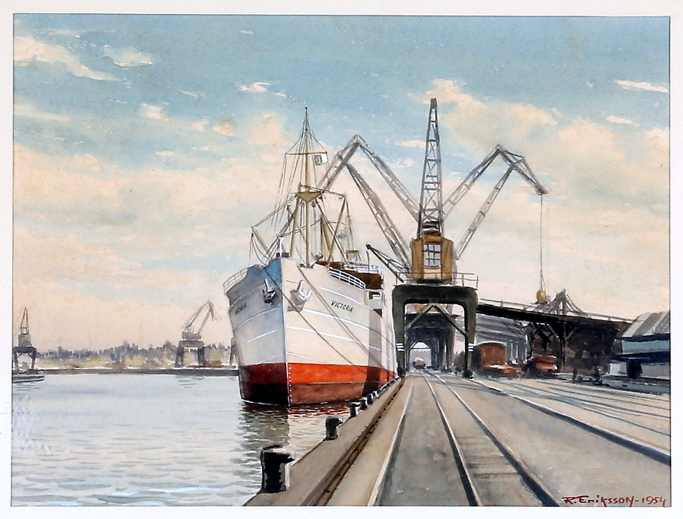 Norrköpings - Hamnen 1954. Akvarell. Inropad på Auctionet 190616.