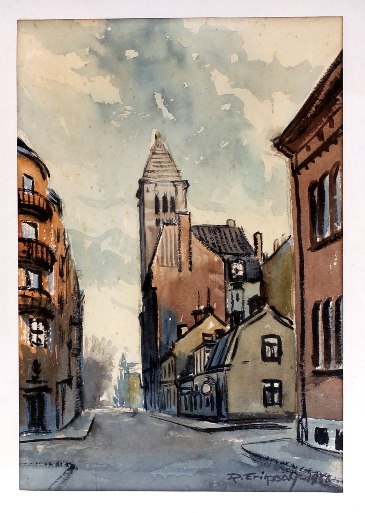 Norrköping - Akvarell - Rådhuset från "Nya Rådstugugatan", 1956 - Bild från Auctionet 2018.