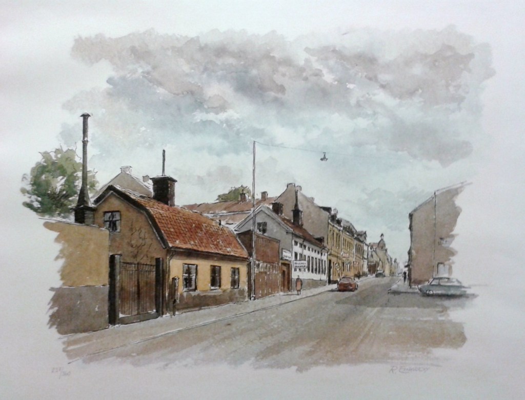 Norrköping - Hantverkaregatan som blev Skomakaregatan 1969 när Spiranhuset delade av gatan. Sett från Dalsgatan.