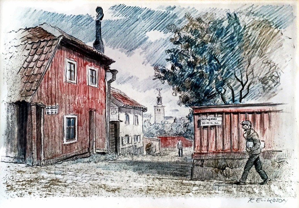 Stockholm – Bastugatan 32-22, Lilla Skinnarviksgränd, 1964. Från en besökare. Ägaren köpte tavlan av min pappa då dem samtidigt låg inlagda på Linköpings lasarett 1973.