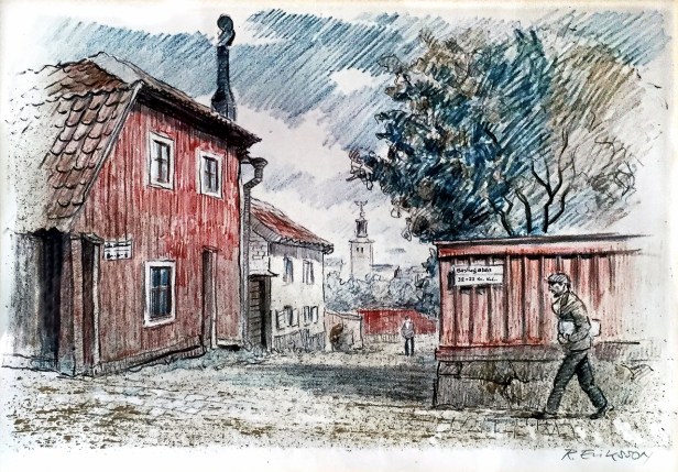 Stockholm – Bastugatan 32-22, Lilla Skinnarviksgränd, 1964. En skarpare bild skickad till mig från en besökare. Ägaren köpte tavlan av min pappa då dem samtidigt låg inlagda på Linköpings lasarett 1973.