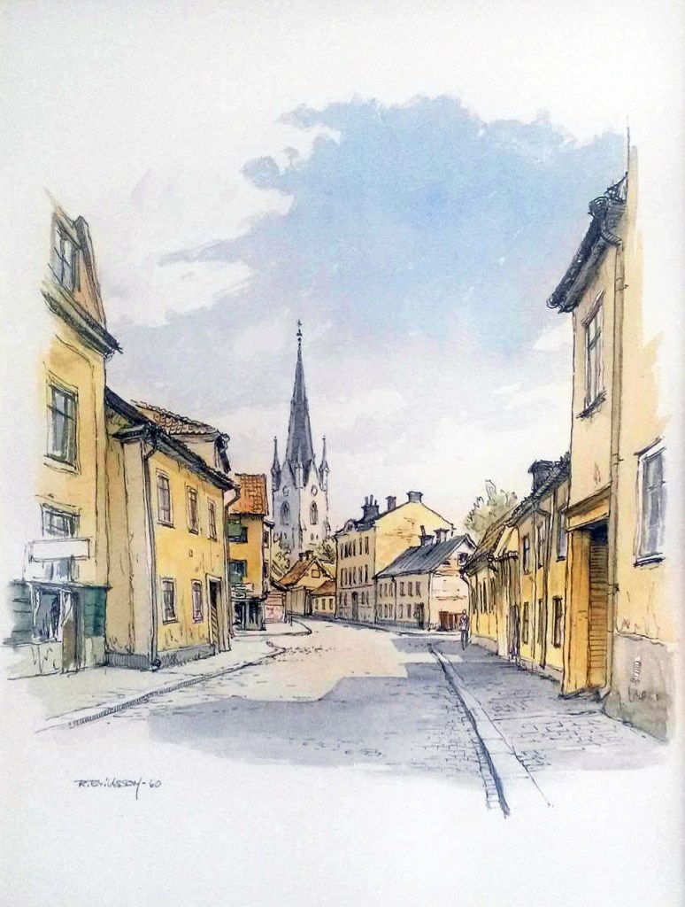 Linköping - Hunnebergsgatan, 1960. Två hus går fortfarande att känna igen vid korsningen av Östgötagatan. Det sista före korsningen på höger sida och det första efter korsningen på vänster sida, Resten är rivet.