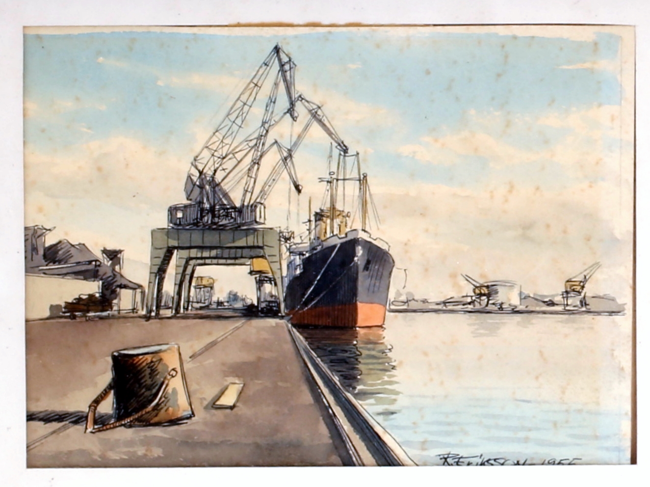 Norrköping - Akvarell - Hamnen 1955 - Bild från Auctionet 2018