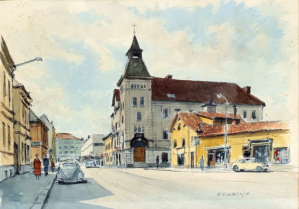 Norrköping - S:t Persgata 1964, västerut mot Baptistkyrkan och Spiralen. Inropad juli 2018.