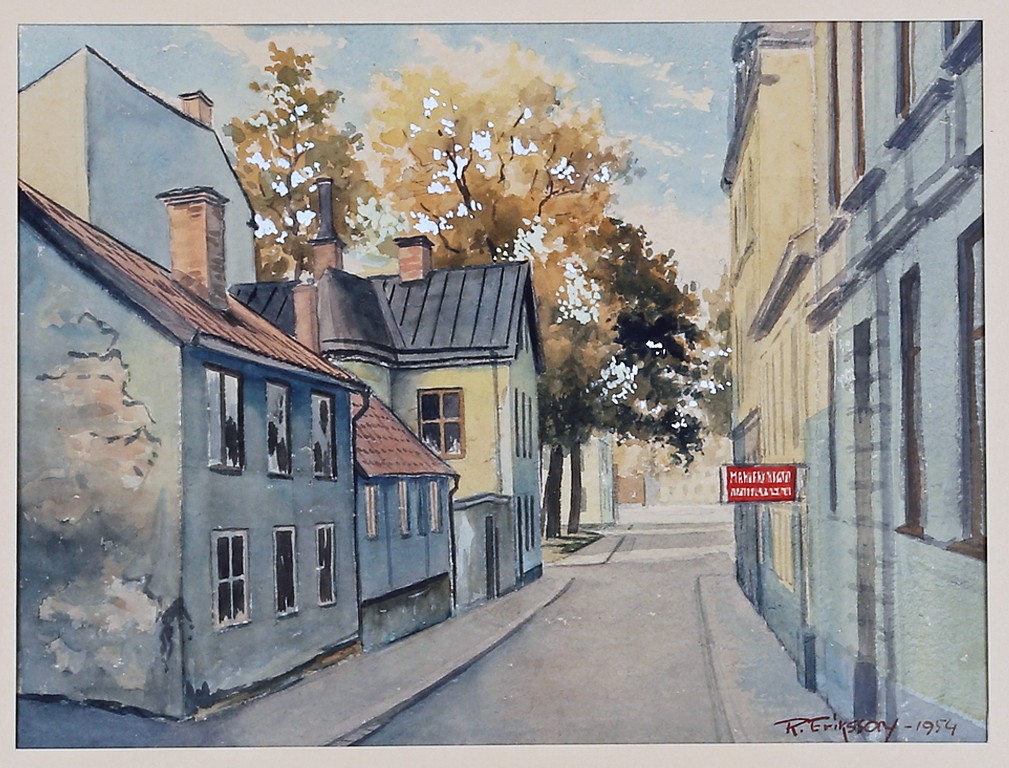 Norrköping - Akvarell - 1954 – Norra Olai Kyrkogata och ”Ulla Winblads hus", mot norr. Träden man ser är från baksidan av Hedvigs kyrka. Inget av detta finns kvar idag – Bild från Auctionet 2019