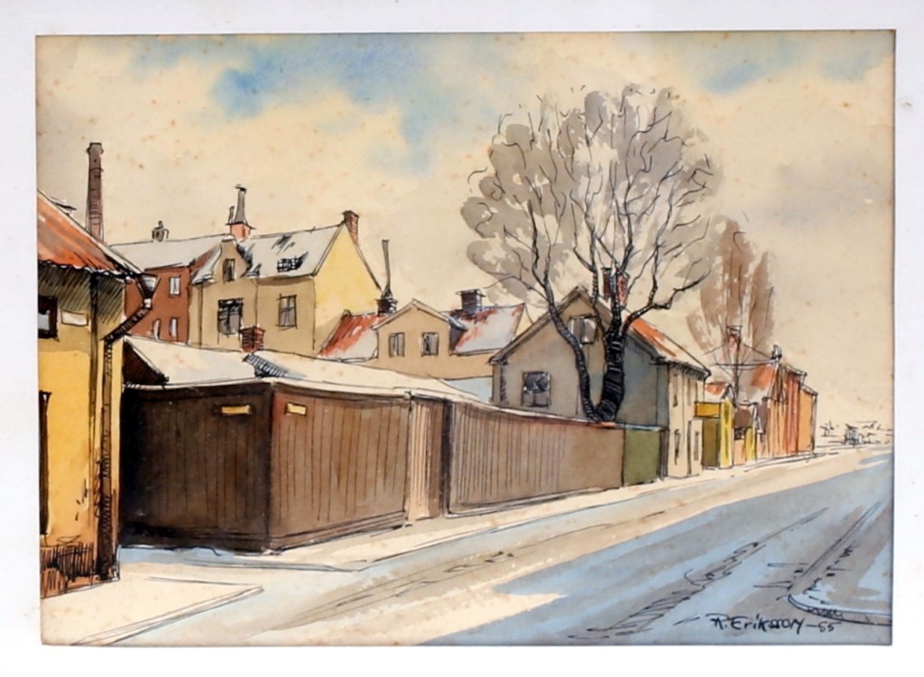 Norrköping - Akvarell - Saltängsgatan och Café Kastanjen