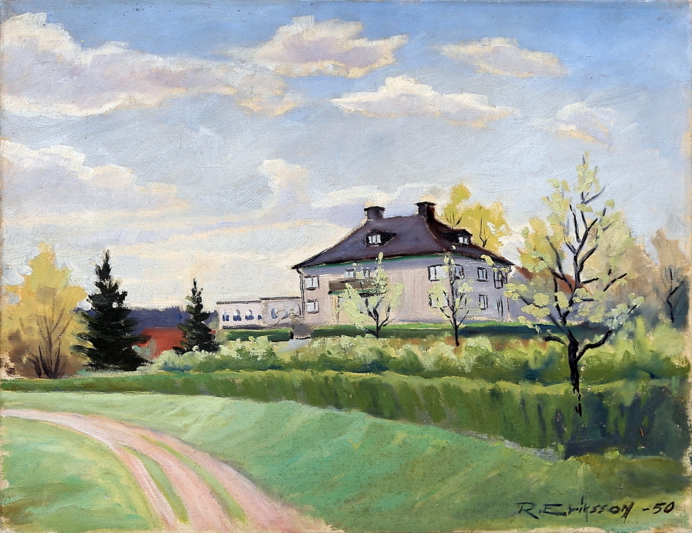 Olja - 1950 – Okänt motiv - Inropad på Auctionet feb 2019. Om någon vet vad det är för hus skulle jag vara tacksam för tips.