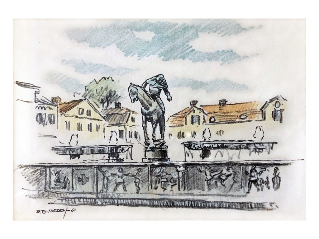 Linköping - 1961. Folke Filbyter sökande efter sin försvunne sonson. Staty av Carl Milles på Stora Torget i Linköping.