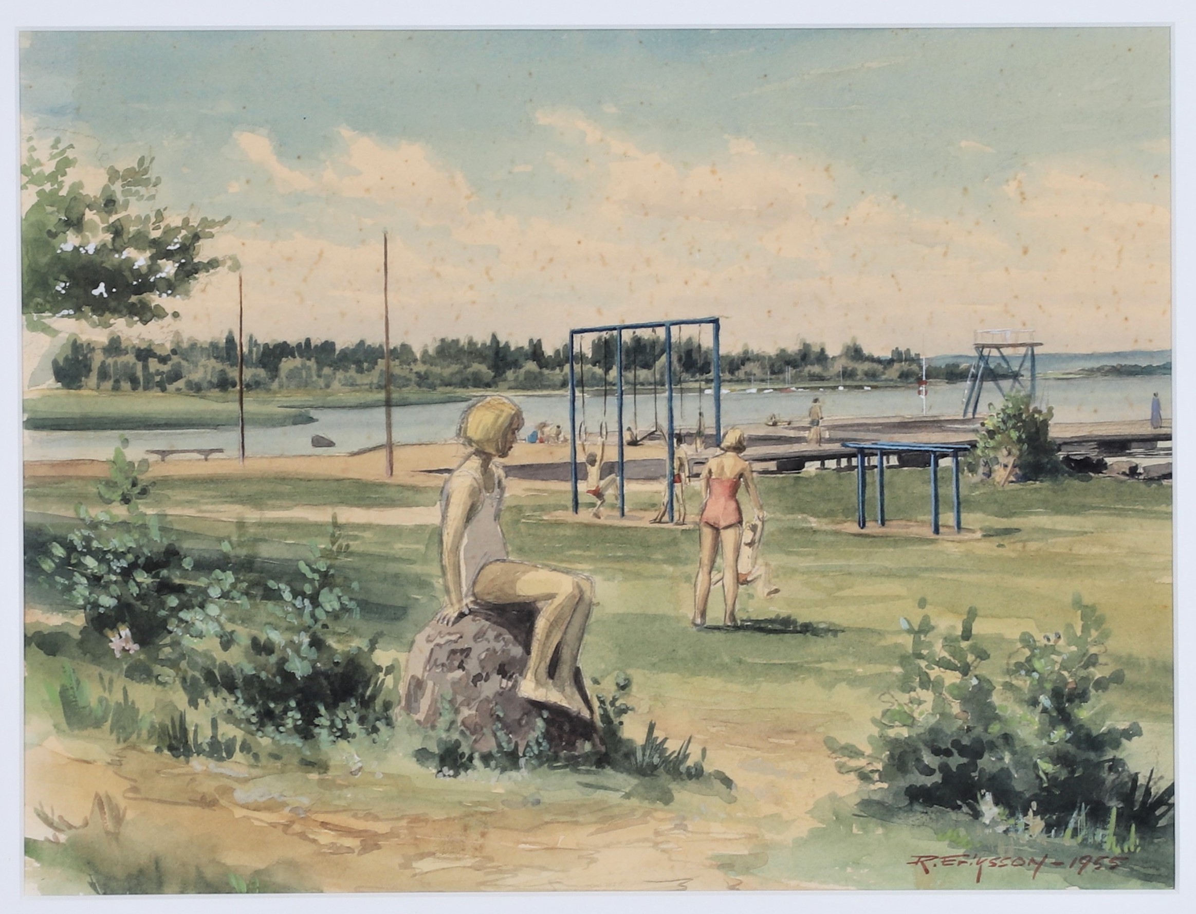 Lindöbadet - 1955 - Akvarell - Auctionet_20201023