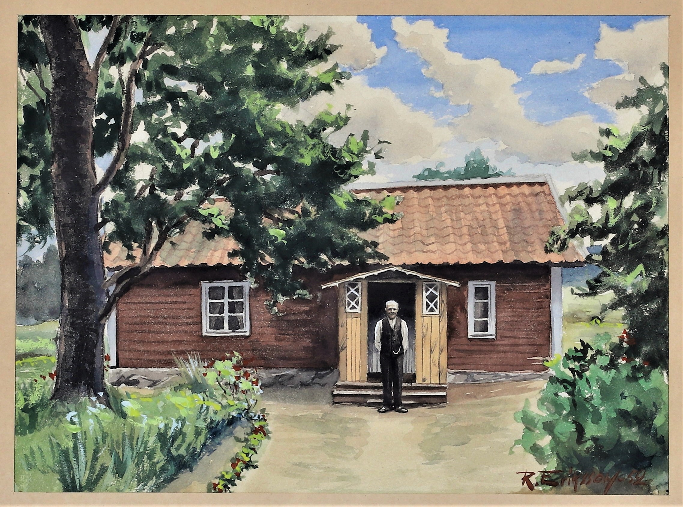 Man vid torp - 1952 - Akvarell - Auctionet_Sep2021