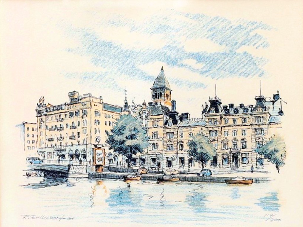 Norrköping - Litografi - 1961_Rådhustornet och Grand Hotell_Bild från Auctionet mars 2023