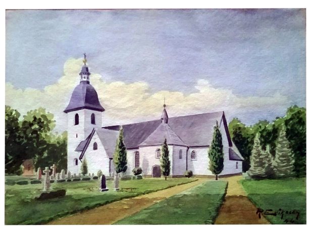 Akvarell - 1944 - Östra Eneby kyrka. Bidrag från mina sysslingar i Norrköping.