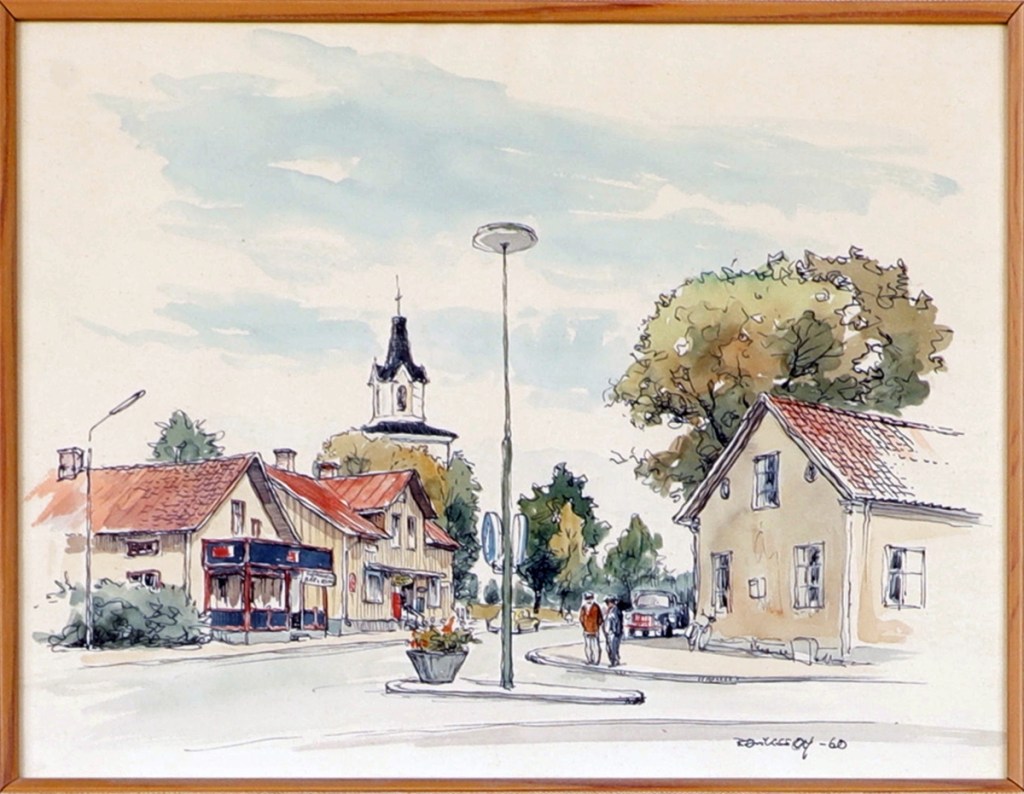 Ljungby - Kyrkan sedd från SV. 1960. Bild från Auctionet 2024-02-14