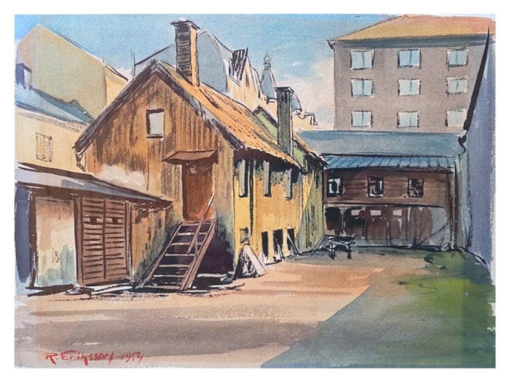 Norrköping - Akvarell 1954 - Norra Olai Kyrkogata och bakgården till "Ulla Winblads hus".