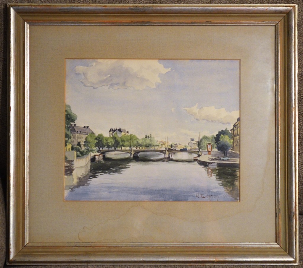 Norrköping - 1952 - Akvarell över Saltängsbron (Oscar Fredriks Bro). Gåva från Eijvon 2024-06-13.