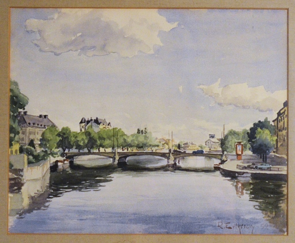 Norrköping - 1952 - Akvarell över Saltängsbron (Oscar Fredriks Bro). Gåva från Eijvon 2024-06-13.