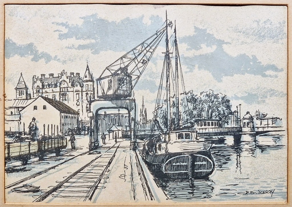 Norrköping - Litografi - Inre hamnen och gamla hamnbron