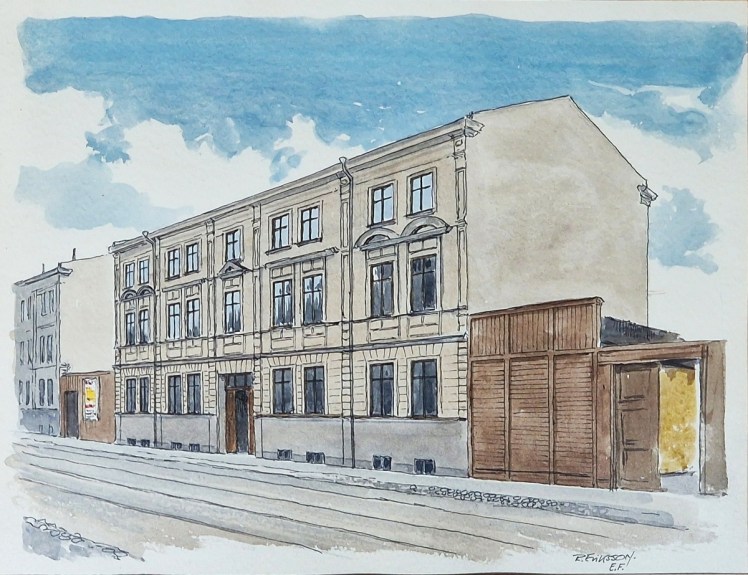 Norrköping - Akvarell - Nygatan och kvarteret Sippan. Inget av dessa byggnader finns kvar idag.