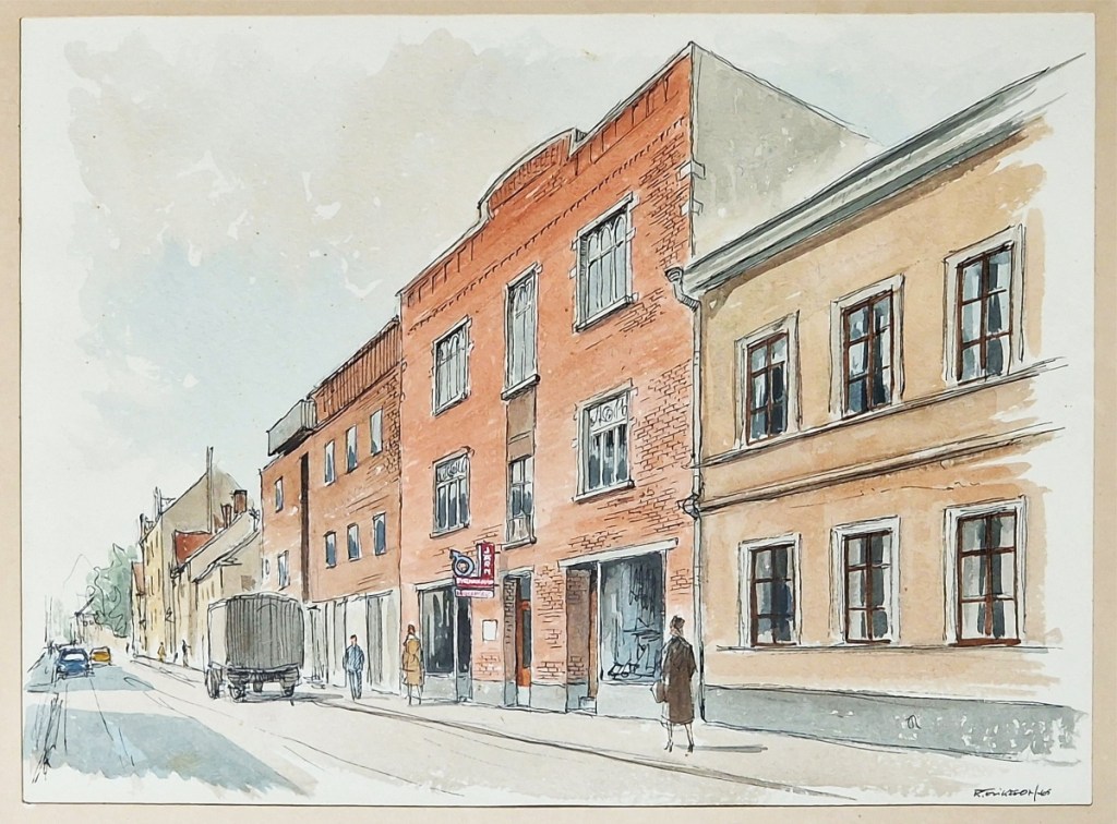 Norrköping - Akvarell - 1965 - Skolgatan västerut med kvarteret Hatten.